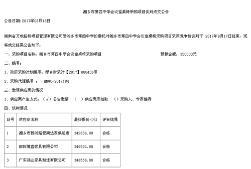 湘乡市第四中学鸿业家具中标通告